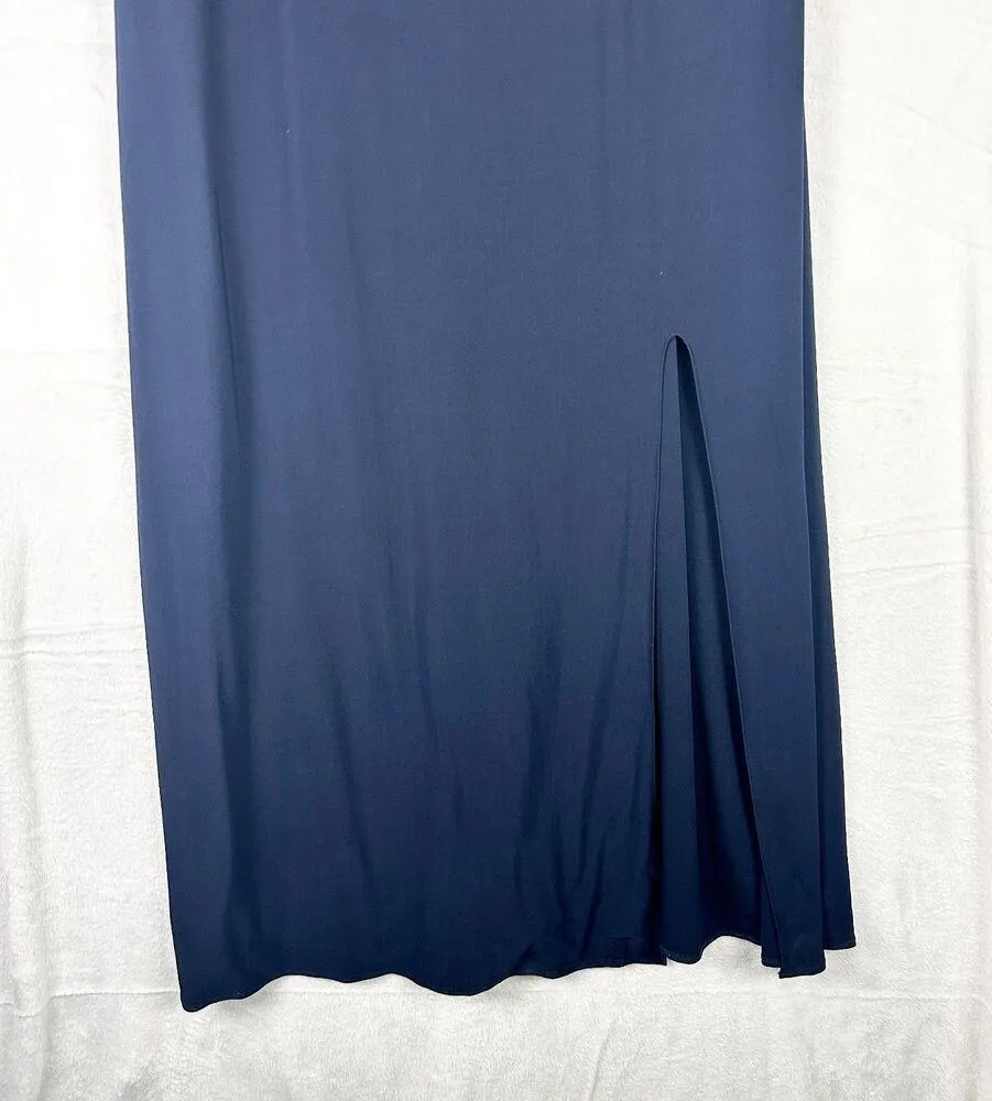 Crystal Lace Applique Long Sleeve Gown Size 20W Slit Navy - Image 7