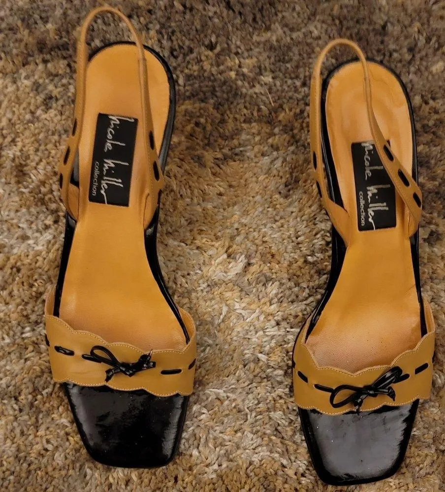 🔥SALE🔥Nicole Miller Tan Black Open Toe Sling Back Heeled Sandals 9 - Image 4