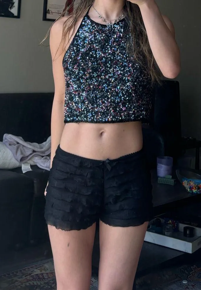 NEW WITH TAGS Emma Black Silk embellished Sequin Halter Crop Top Cami tank top Size 6 - Image 10