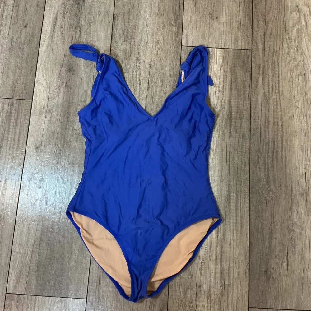 J. Crew One Piece Swimsuit Tie Shoulder V-Neck Cobalt Blue‎ Bathing Suit M - Image 2