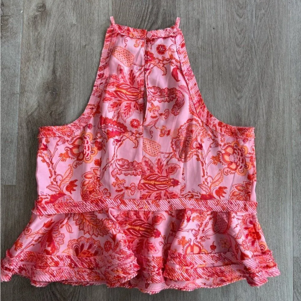 Cinq à sept peplum crop top halter pleated floral paisley pink summer preppy S - Image 4