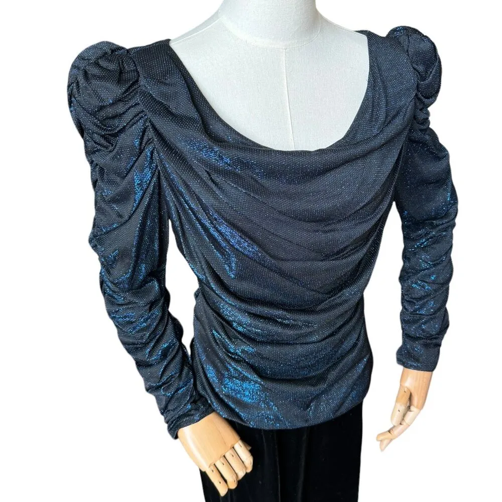 Vintage Samir 70’s blue metallic Lurex & black velvet dress size medium - Image 13