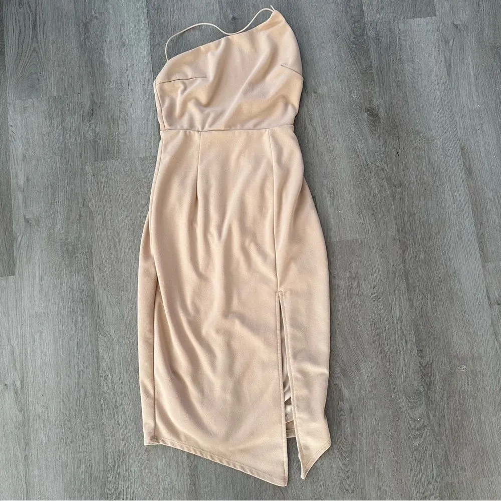 Lulus Happiest Hour Beige Asymmetrical Bodycon Midi Party Dress Women’s XS - Image 2