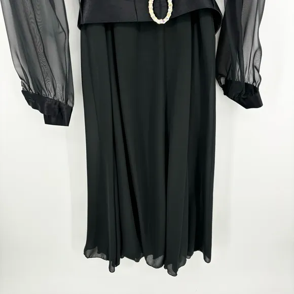Vintage 80s Ursula Of Switzerland Black Midi‎ Dress Size 8 Rhinestone Belt Sheer - Image 3