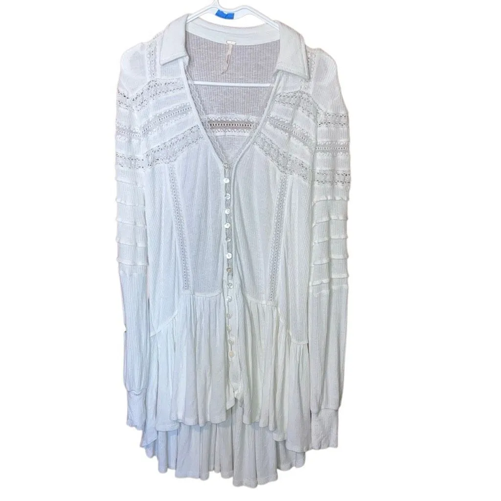 Free people set to stun white lace long sleeve tunic linen blend embroidery over - Image 2