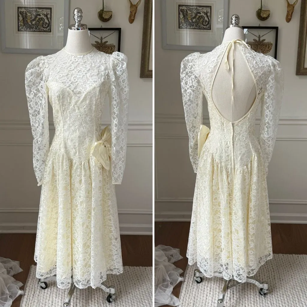 Vintage 80s Elaine’s Victorian Bridal Tea Midi Length Ivory Dress and Cape S White - Image 3