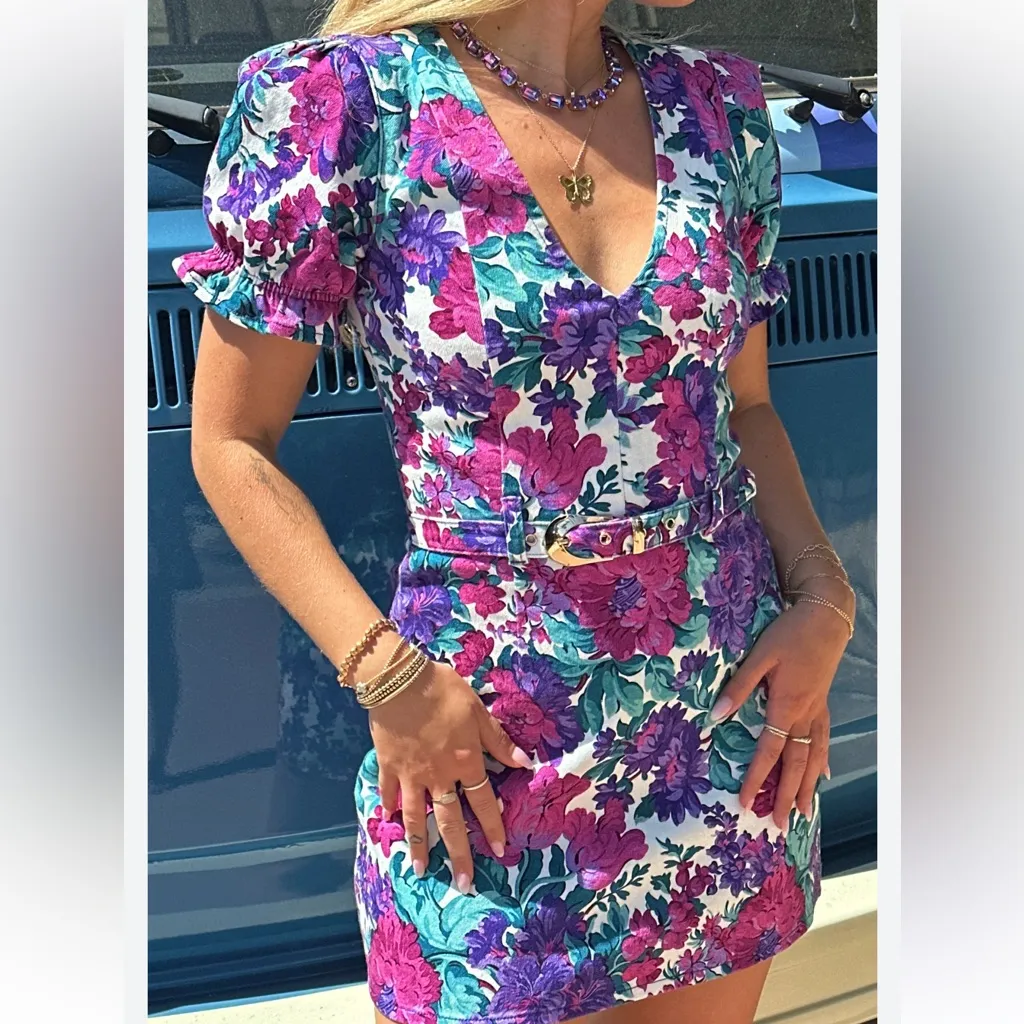 Show Me Your Mumu Zia Mini Denim Dress in Magenta Blooms size Medium $174 - Image 3