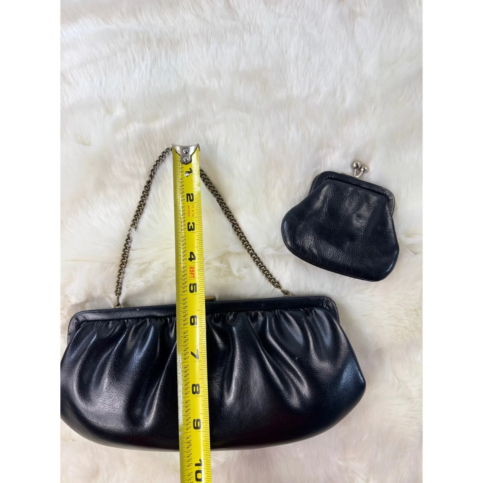 Black Leather vtg Clutch Handbag with Matching Coin Purse Chain Strap Evening - Image 7