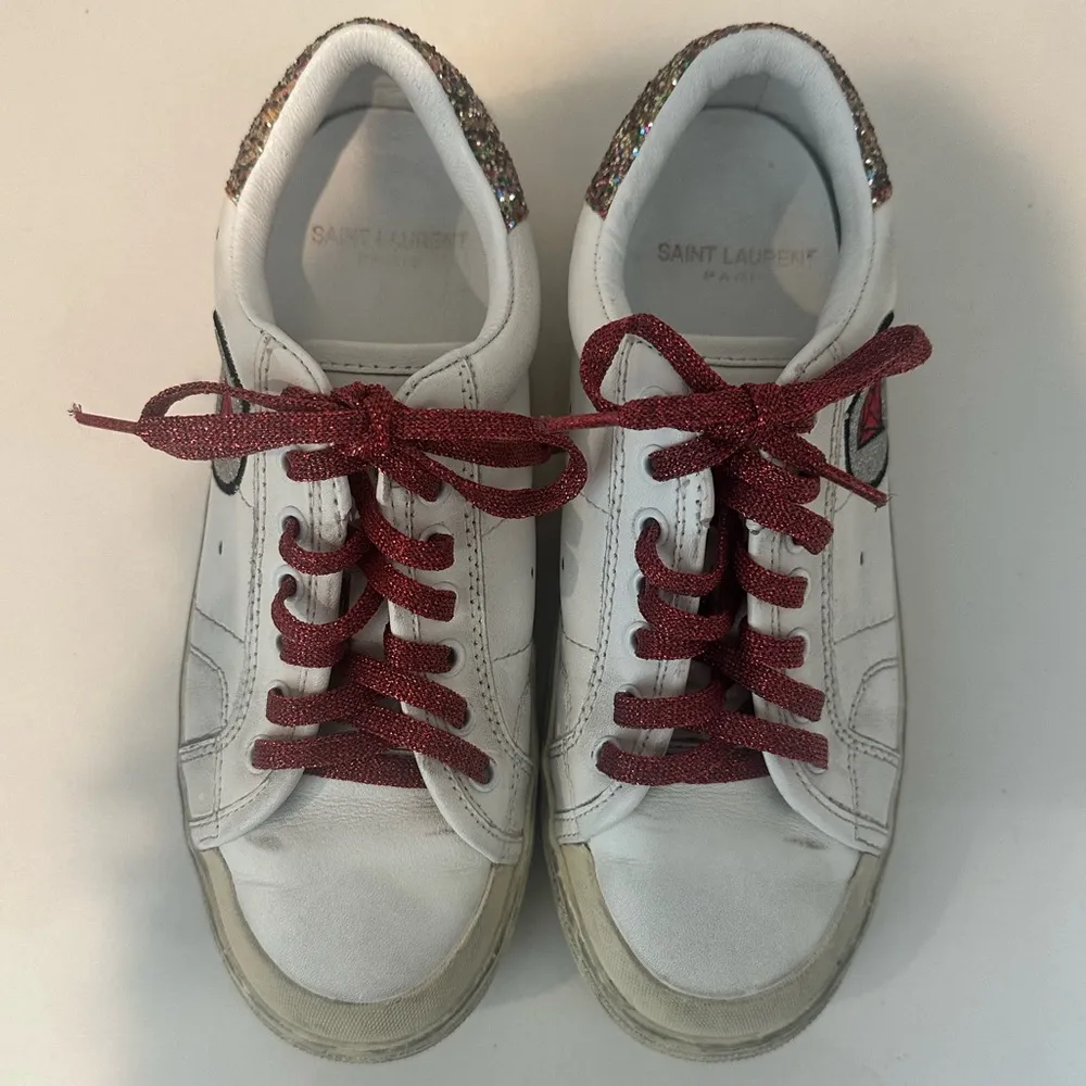 Saint Laurent Paris White Leather Glitter Diamond Patch Low Top Sneakers Size 36 - Image 2