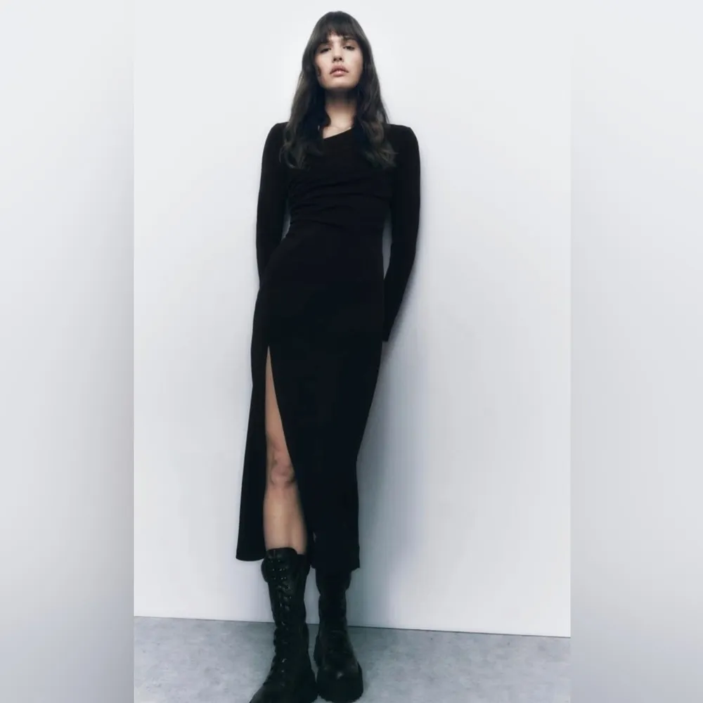 Zara Blogger’s Favorite Black Asymmetric Neck Midi Slit Draped Dress Size M - Image 7