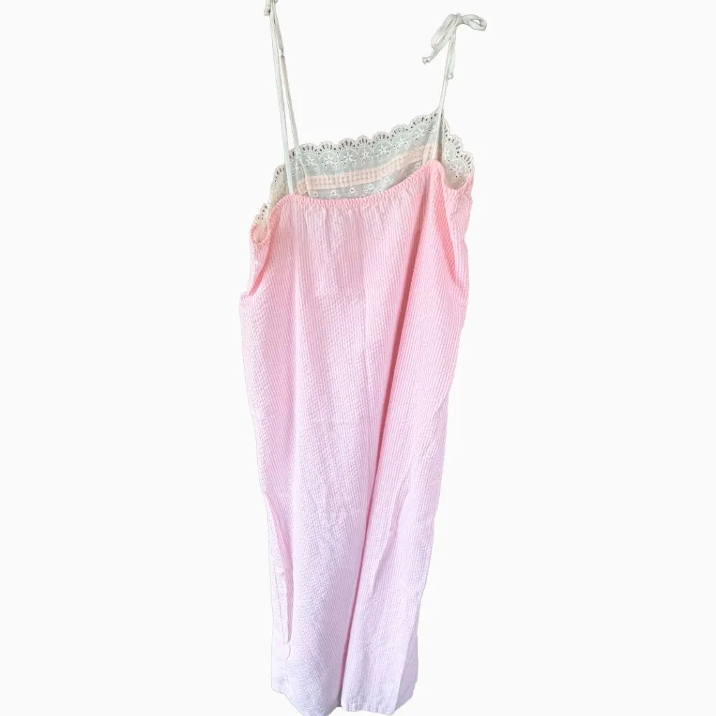 Juli Slumbertogs Vintage Pink Seersucker Nightgown Robe Set Eyelet Lace Cottage - Image 13