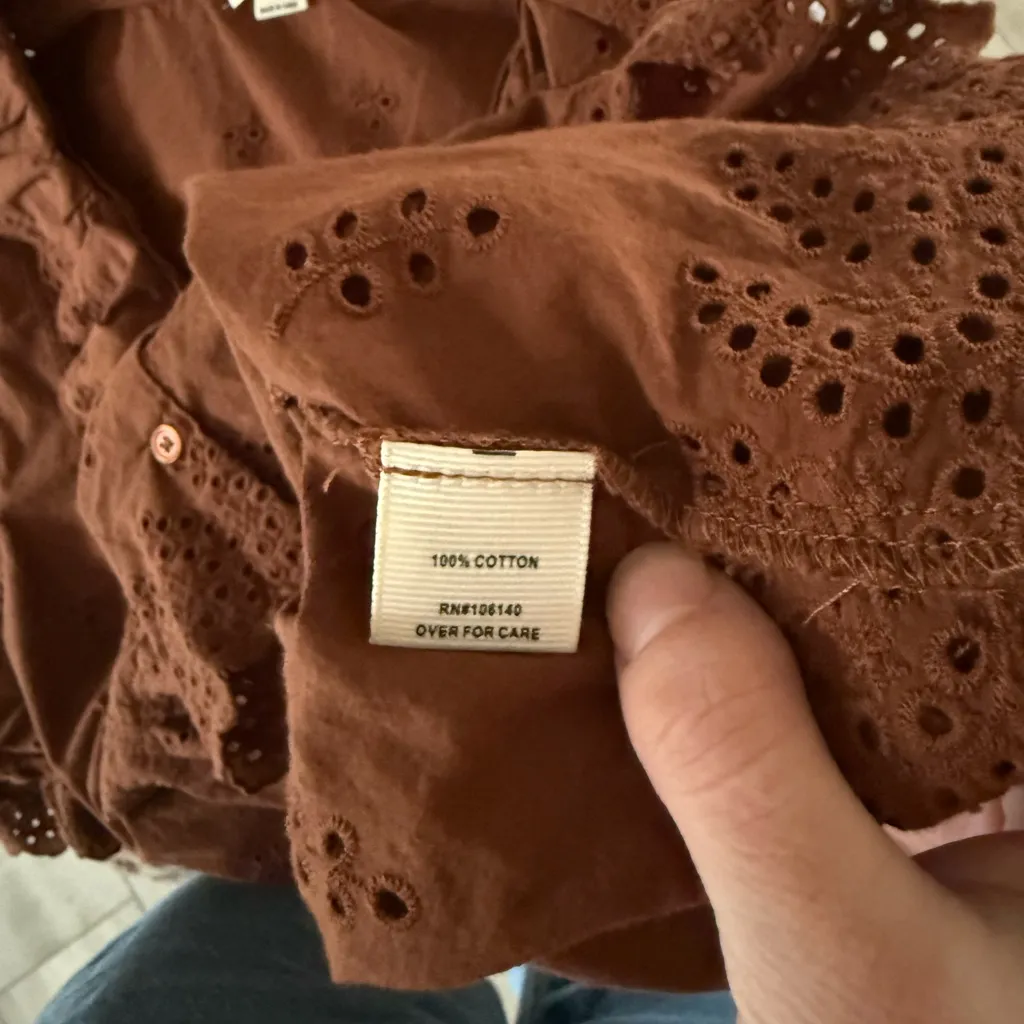 Ultra Pink Brown Eyelet Ruffle Puff Sleeve Cotton Blouse Large - Image 6