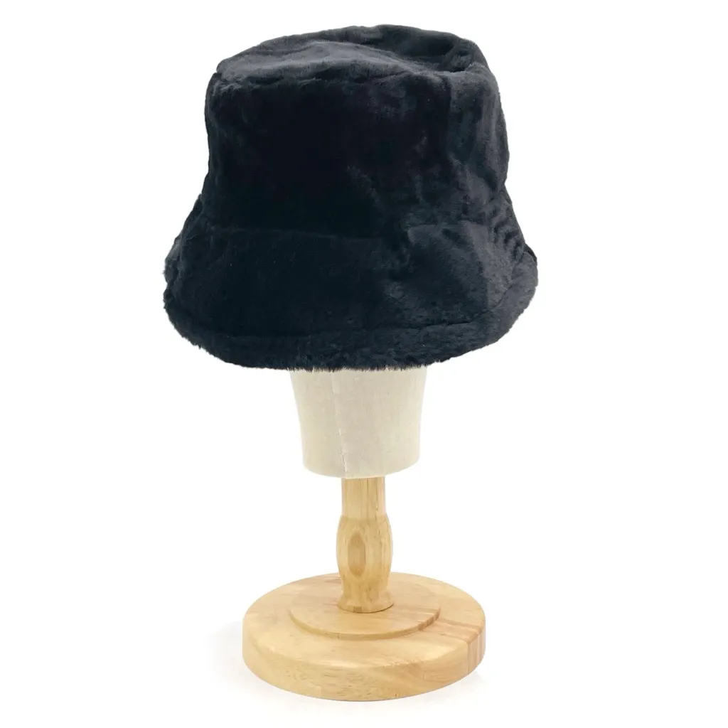 Black Faux Fur Bucket Hat Winter Soft Plush Fuzzy Warm Outerwear Unisex One Size - Image 5