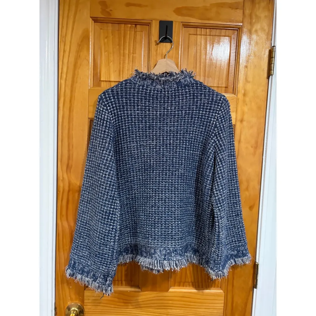The Fold London Metallic Tweed Textured Fringe Hem Sweater Top Navy Women’s M Blue Size M - Image 4
