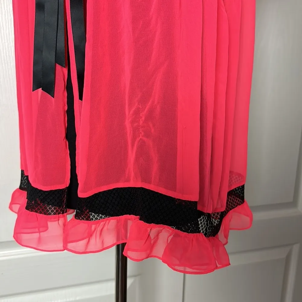 Y2K VICTORIAS SECRET HOT PINK & BLACK LACE BABY DOLL TIE FRONT ROBE COVER UP - Image 3