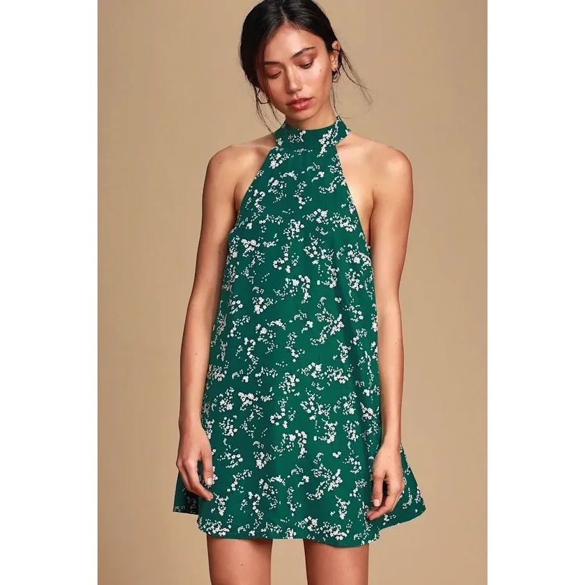 Lulus Darling Dearest Halter Tie Neck Green Floral Mini Swing Dress XS - NWT - Image 3
