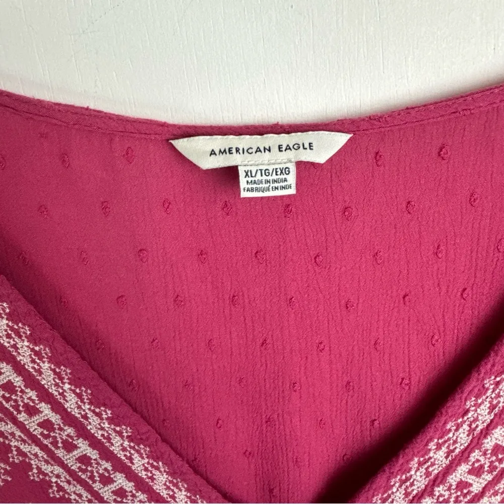 American Eagle Embroidered Boho Top Sz XL Pink Balloon Sleeves - Image 6