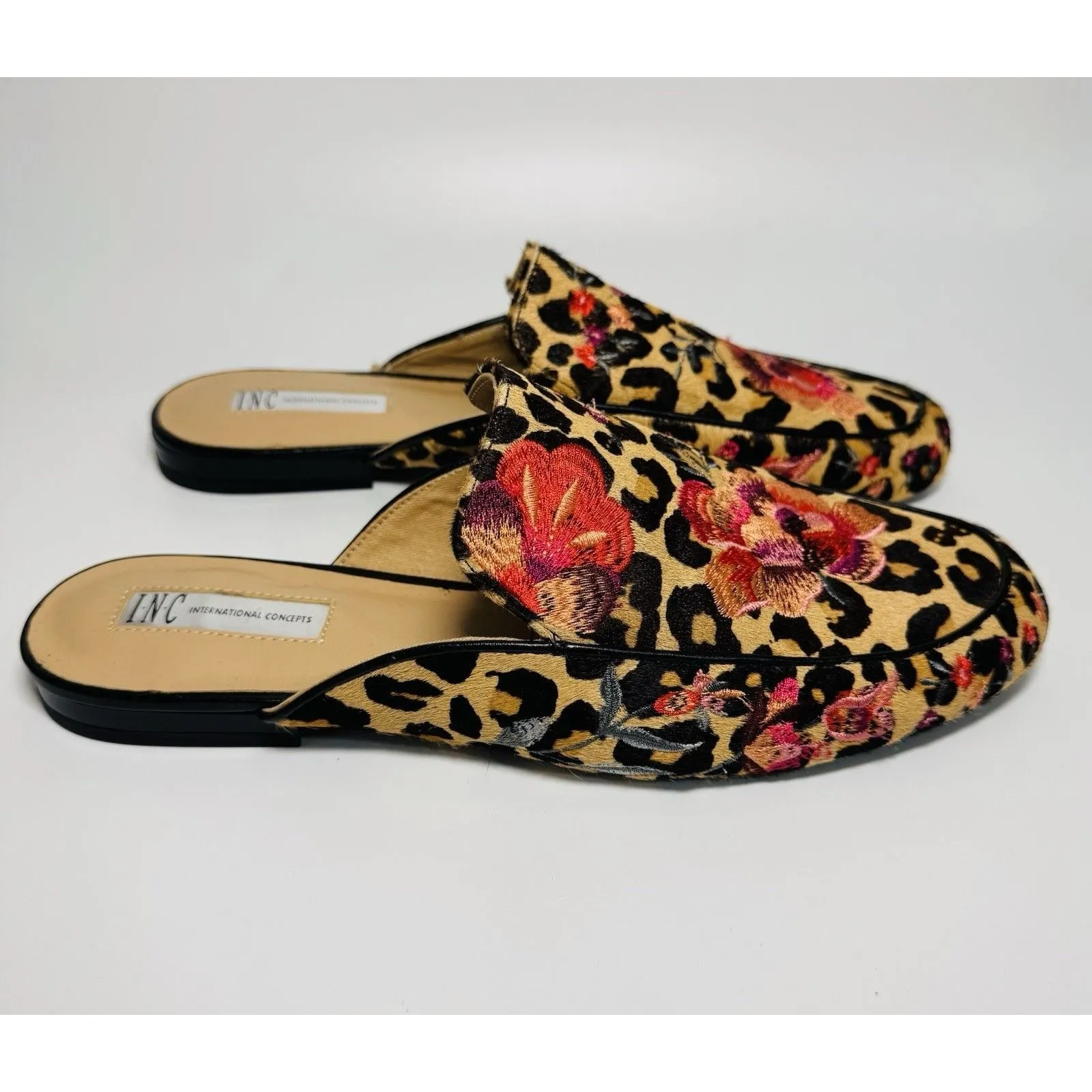 INC Women's Leopard Floral Embroidered Flats Real Calf Hair Mules Shoes 10.5 - Image 3