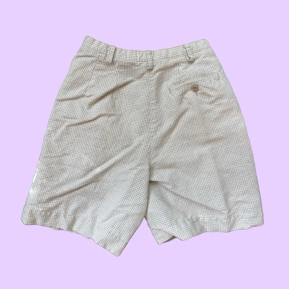 Vintage 90s Lizsport Petite Cream and white gingham high waisted linen shorts - Image 2