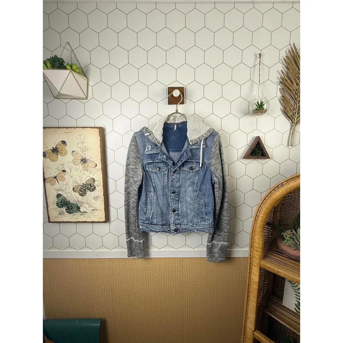Free People Denim Jacket Gray Hoodie Sleeves with Detachable Hood - Size - Small - Image 2