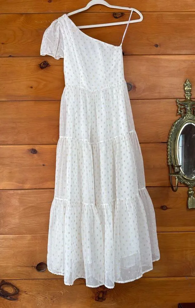 Lulus Shining Sight White Metallic Gold Dotted One-Shoulder Midi Dress Size XS - Image 4