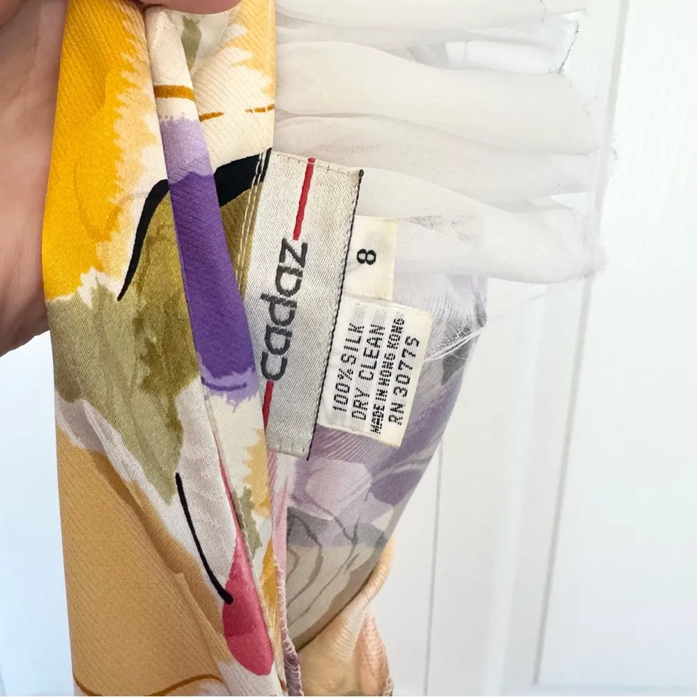 Vintage CADAZ low back bow floral ruffle 100% silk dress SZ 8 Yellow - Image 6