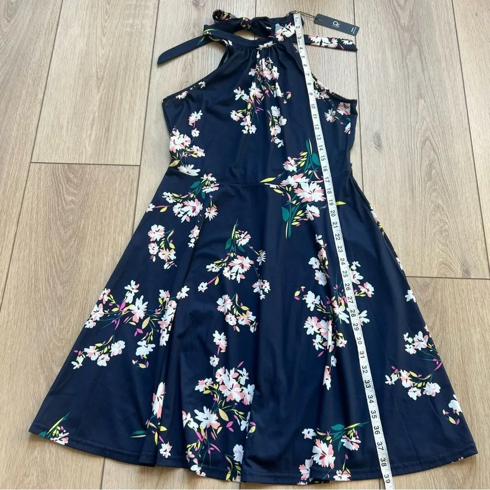 NEW Halter Neck Summer Sleeveless Casual Beach Dress Medium Navy Pink Floral Blue - Image 10