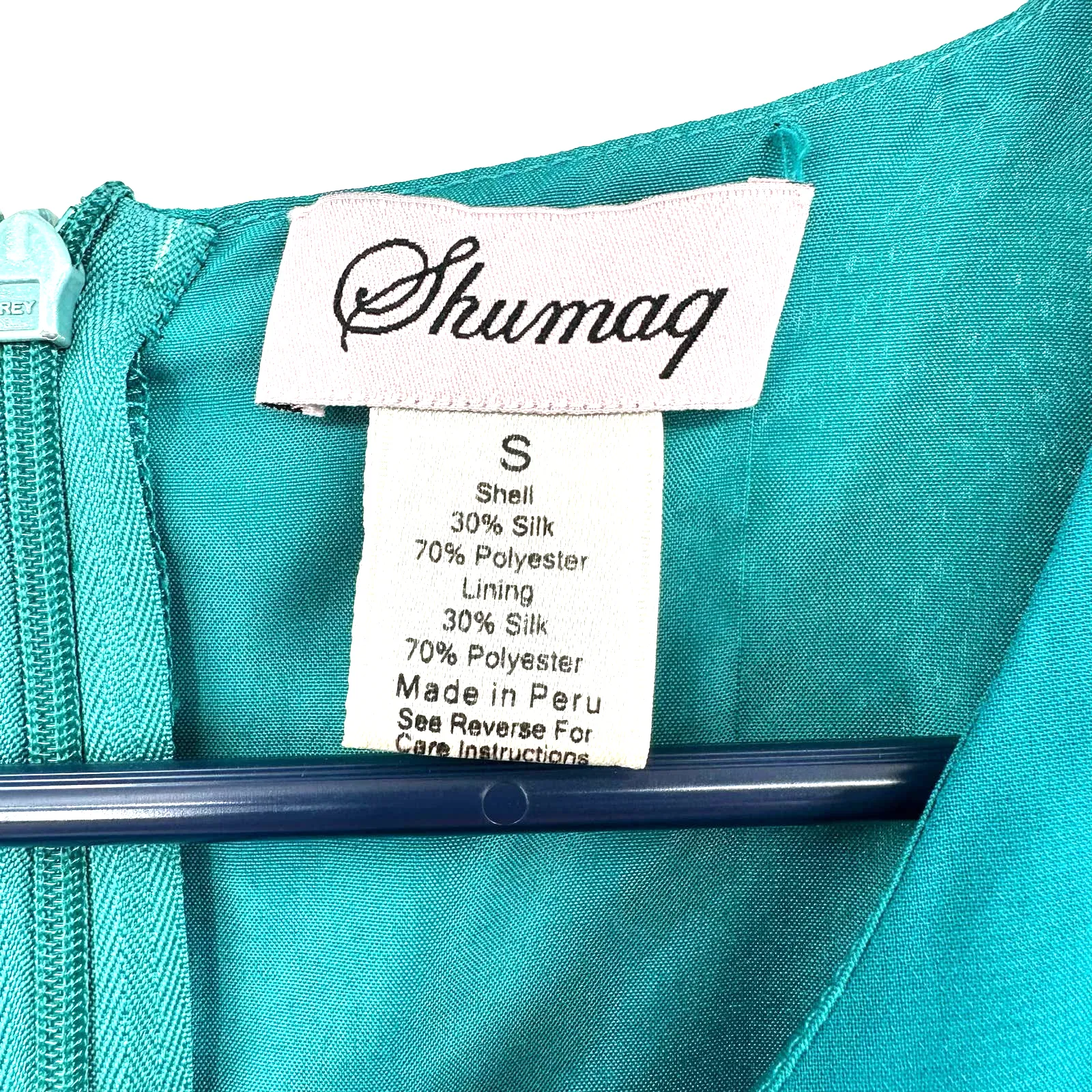 Shumaq size Small sleeveless dress teal silk‎ blend ruffle fitted waist rear zip Green - Image 6