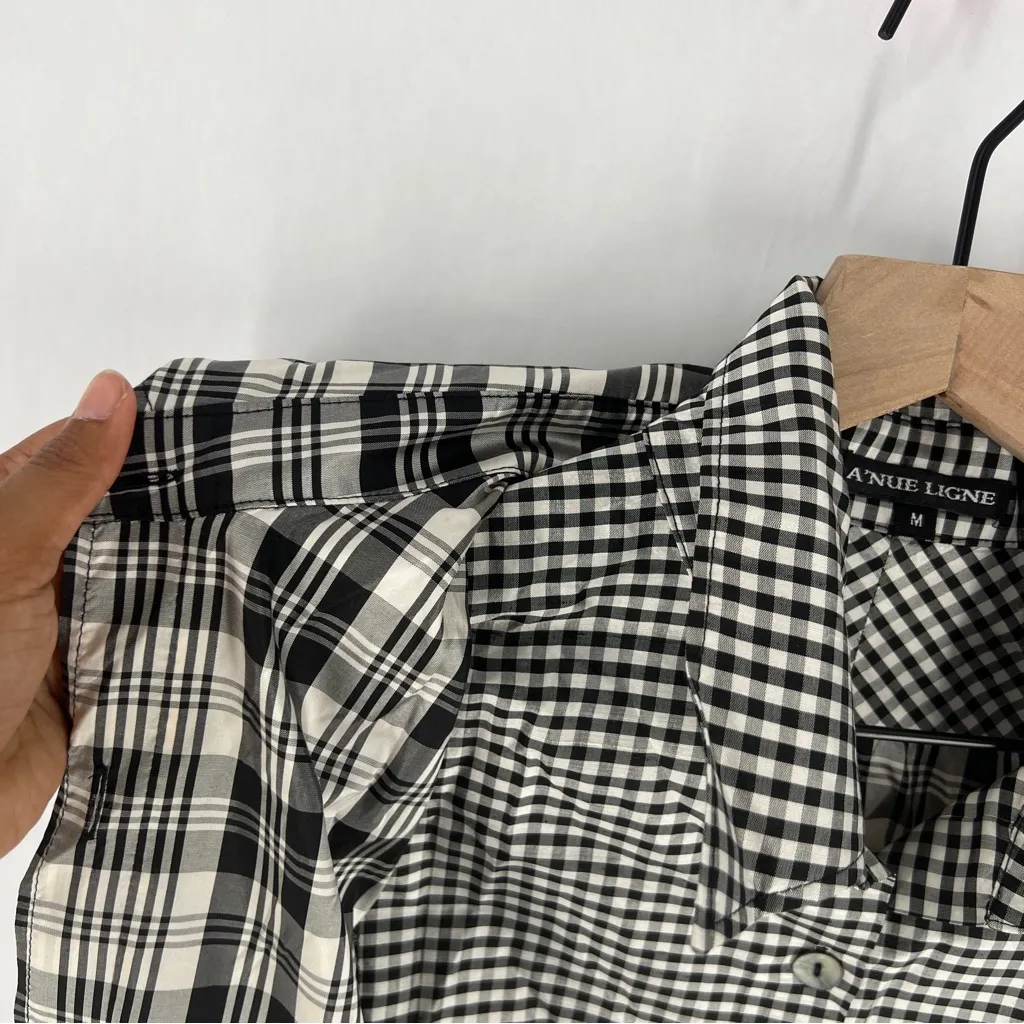 A'Nue Ligne Black White Silk Gingham Layered Double Collared Shirt Size M Black Size M - Image 13