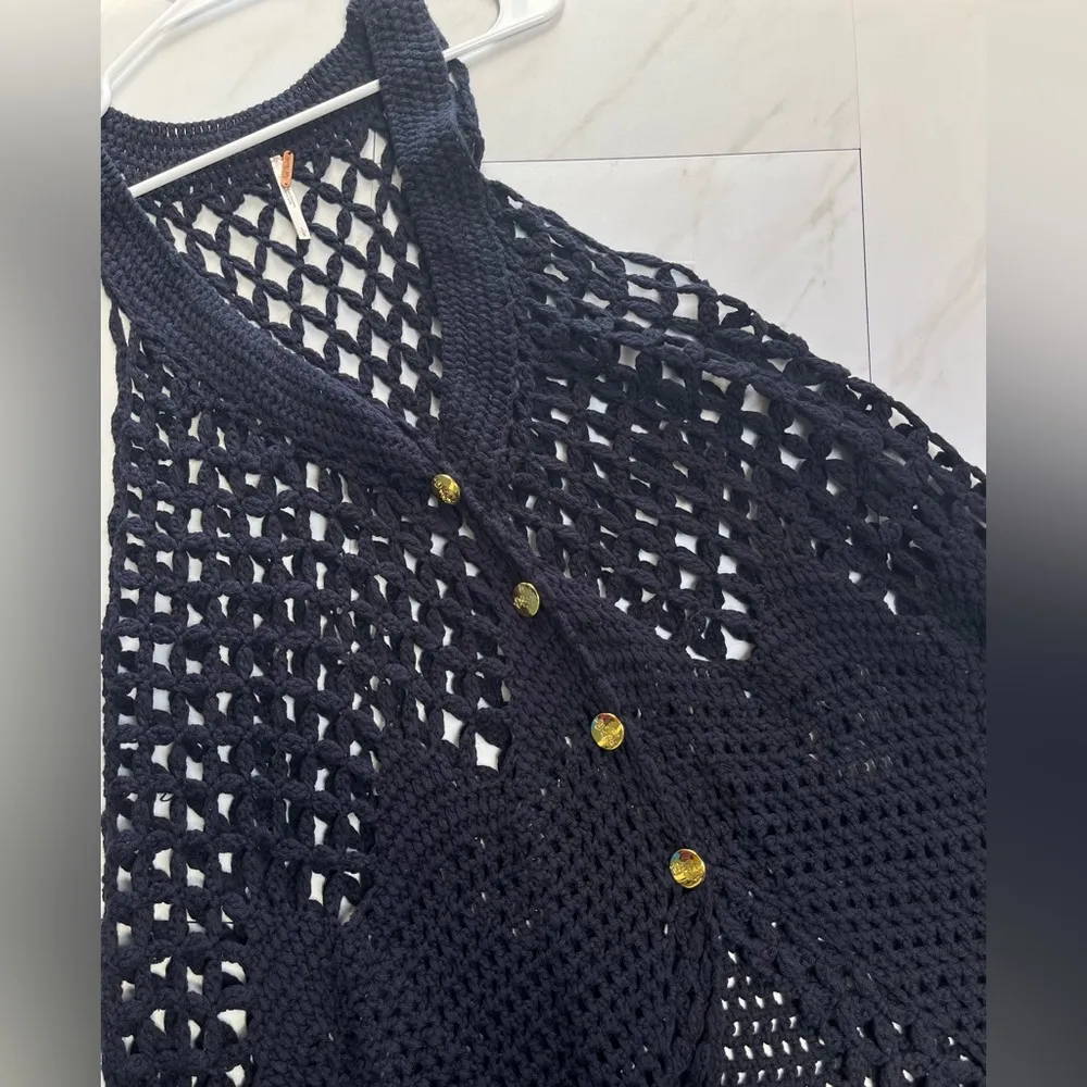 NWOT Free People Navy Blue Boho Crochet Sweater Vest size large - Image 6