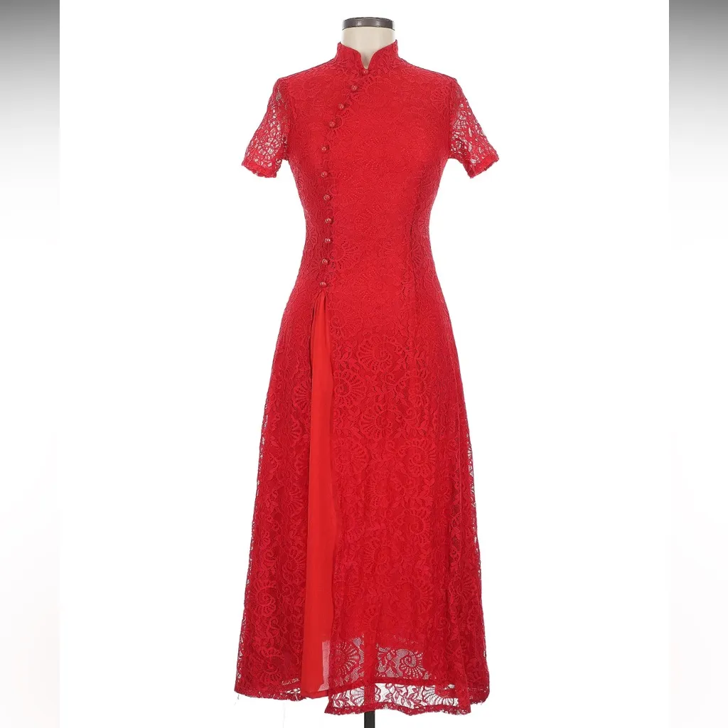 Chinese Red Lace Midi Dress Size Small - Image 5