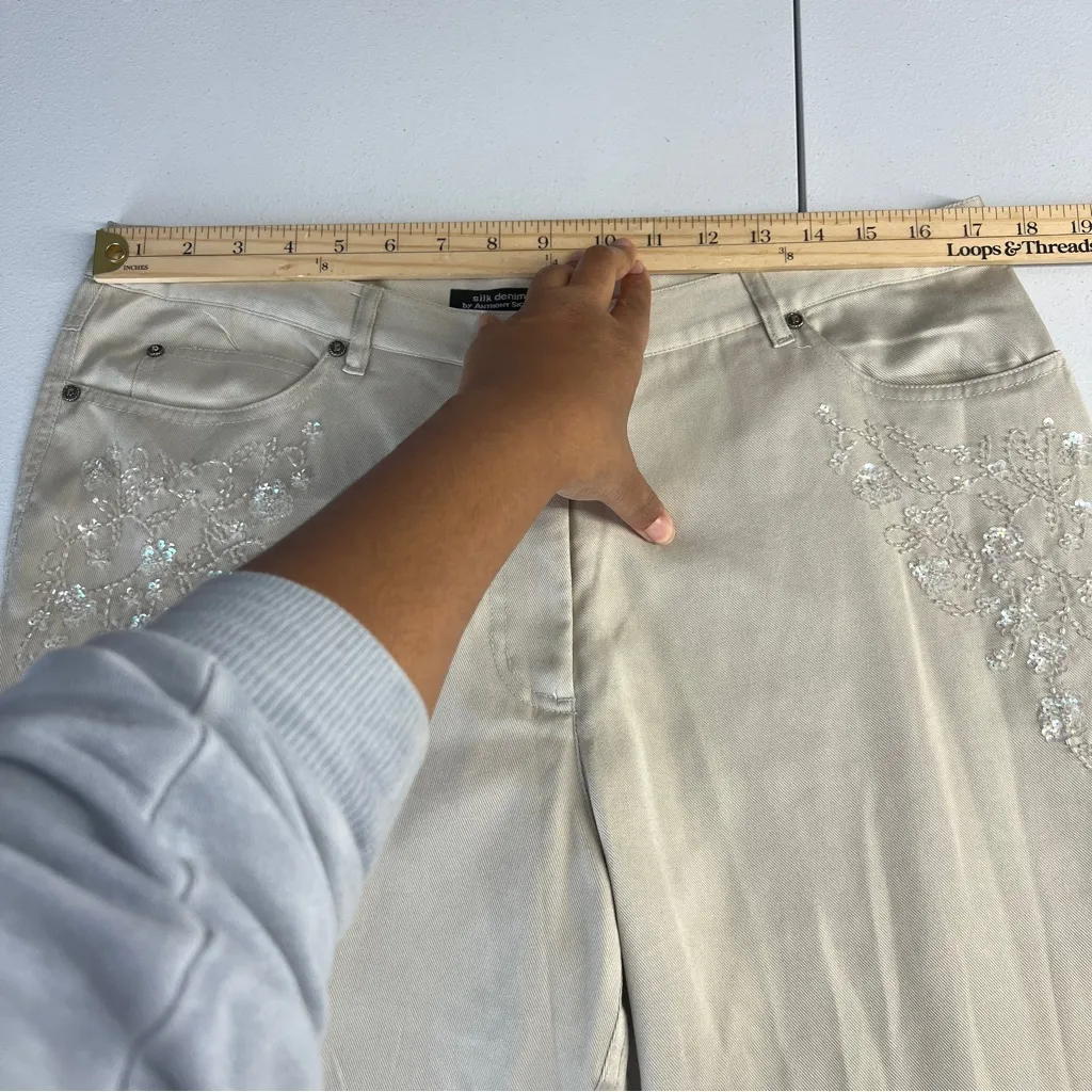 Anthony Sicari Silk Denim Lightweight Floral Sequin Beaded Bootcut Pants Size 14 Tan - Image 12