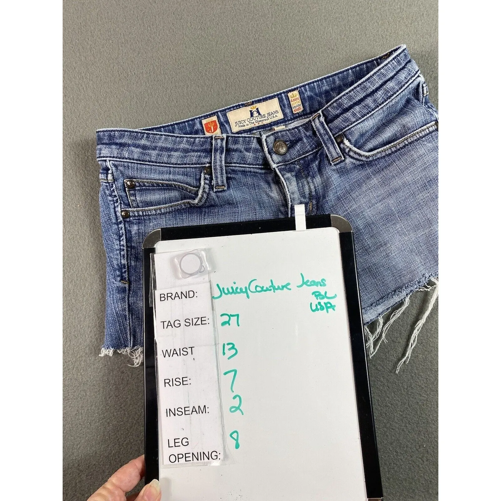 Juicy Couture Jean Shorts Womens 26x2 Blue Cut Off Shortie Frayed Low RiseTag 27 - Image 11