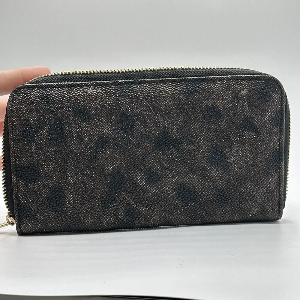 Adrienne Vittadini Womens Black Long Zip Around Wallet CC Slot Cheetah Pebbles - Image 4