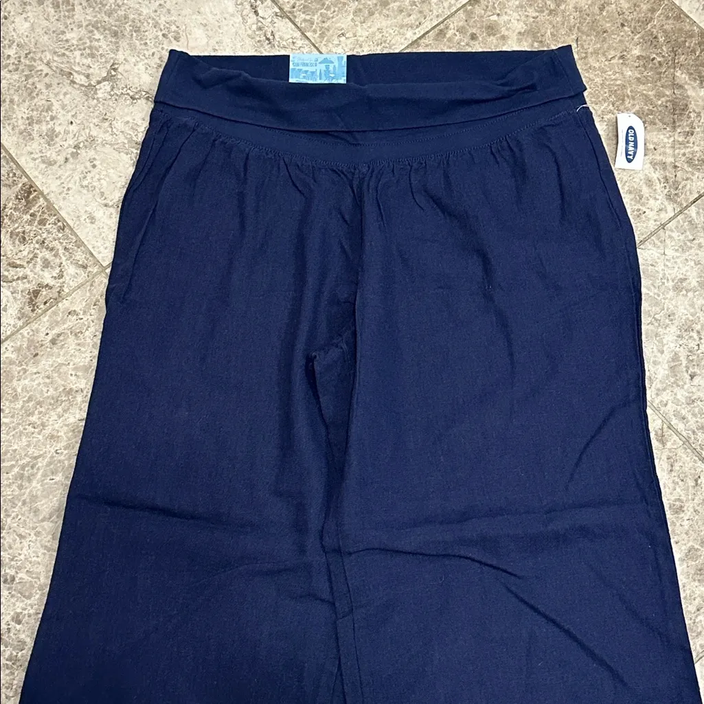 Old Navy Linen Blend Pull On Pants Wide Leg NEW Navy Large - Image 3