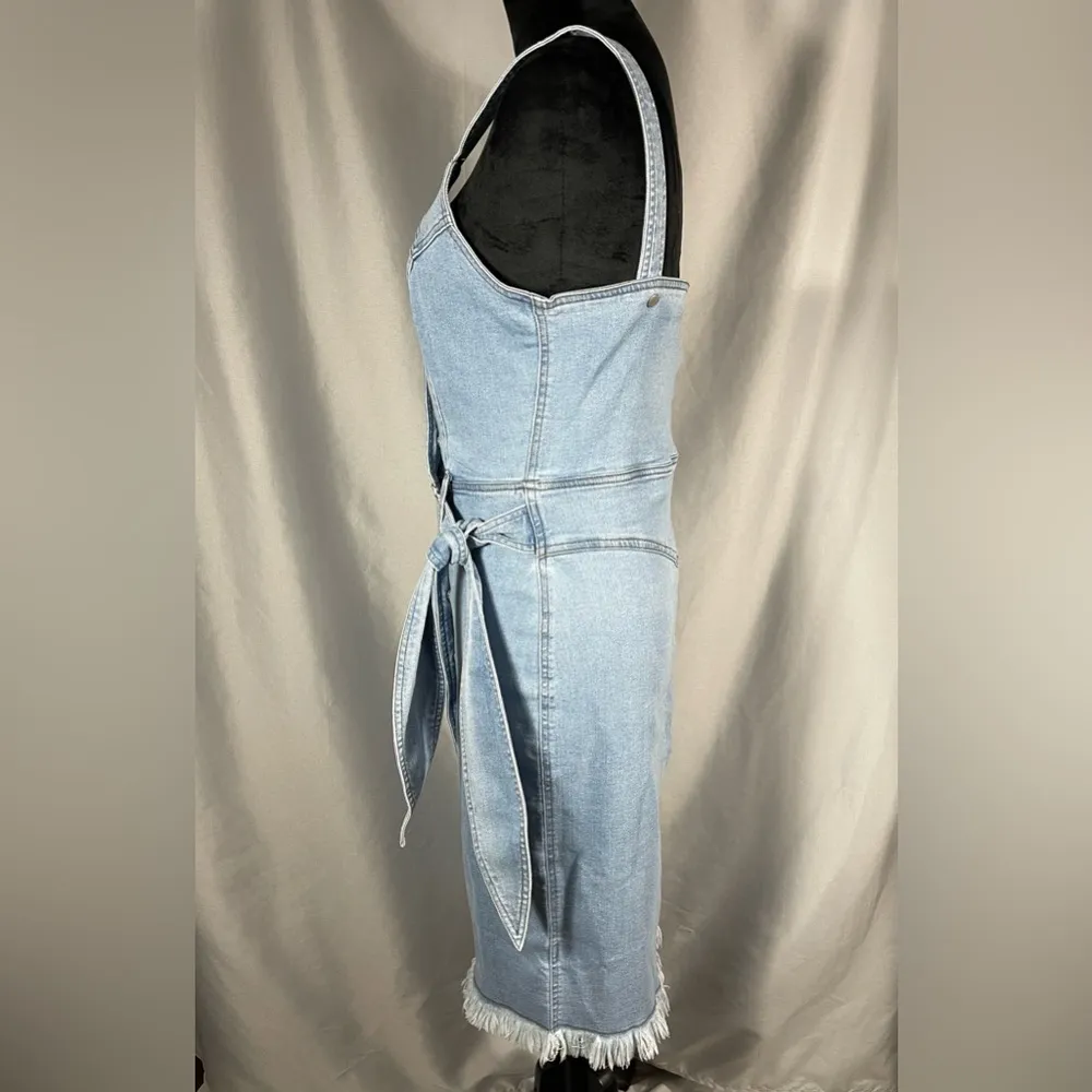 Venus Womens Dress Jean Denim Light Blue Snap Closure Faux Wrap Overall Fringe 8 - Image 3