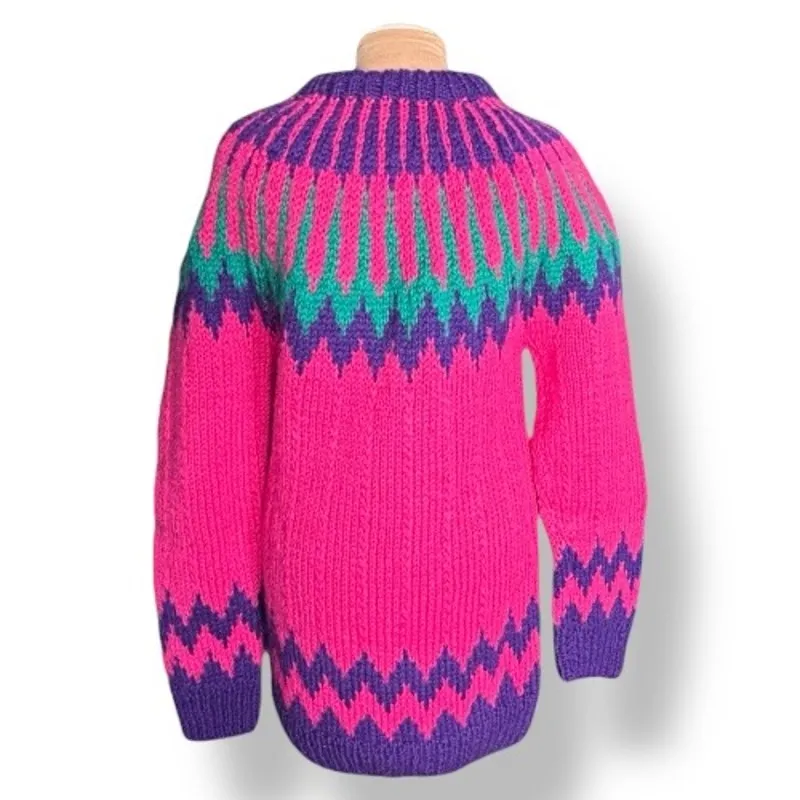 Vintage Handmade Greek Wool Fair Isle Sweater Dress Chunky Knit XL Pink Purple - Image 5