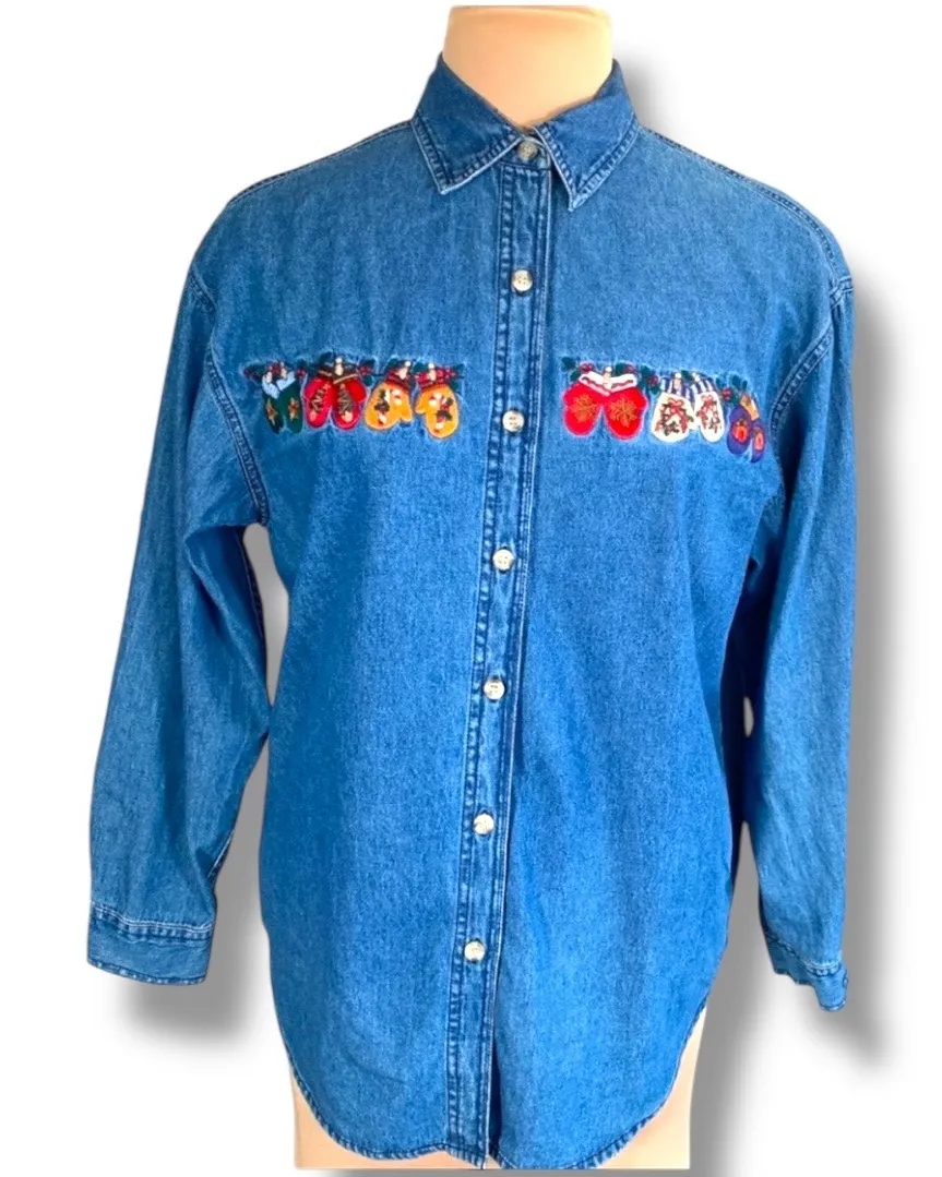 Vintage 90s Denim Chambray Christmas Shirt Embroidered Mittens Medium Holiday Blue - Image 1