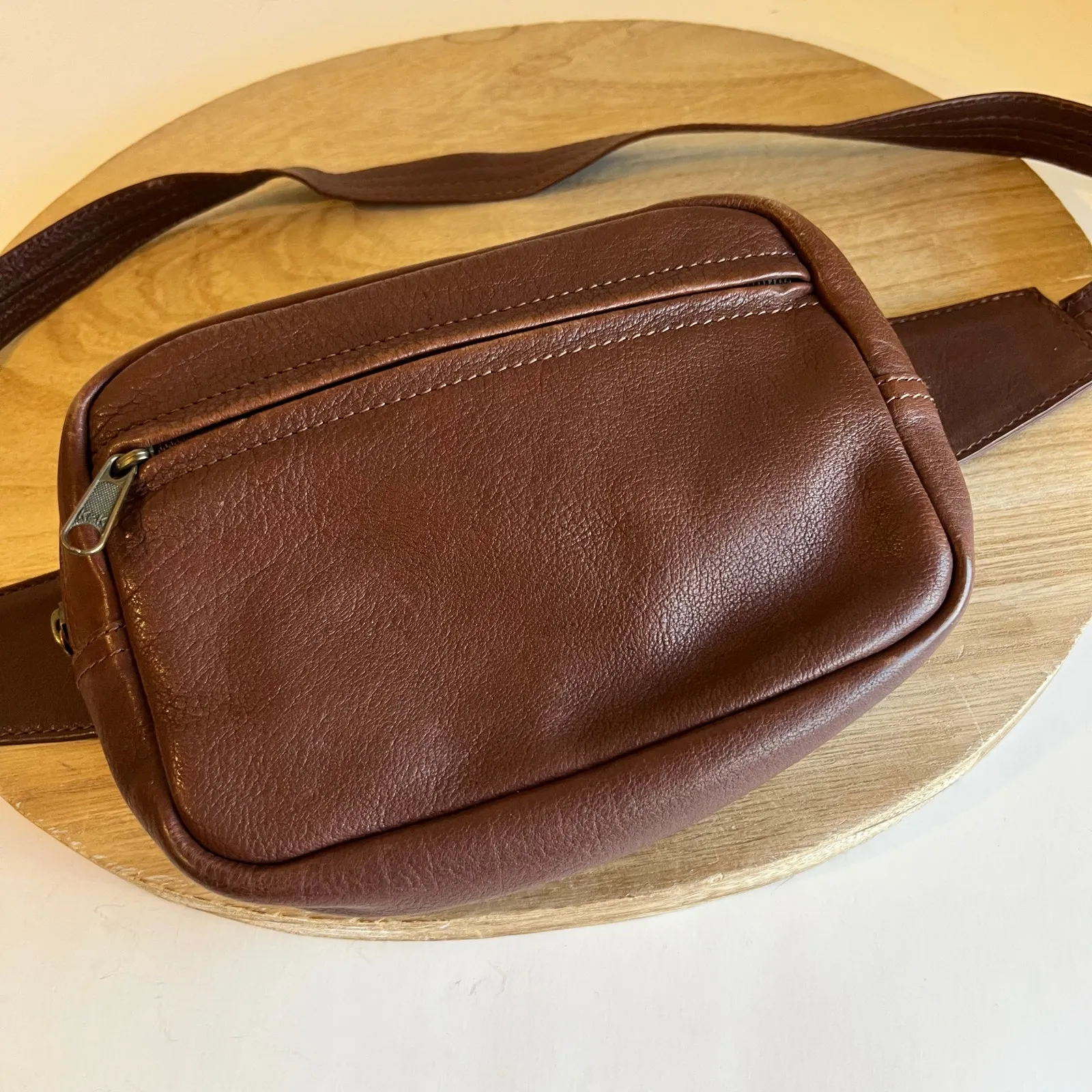 Brown Vintage 90s Soft Genuine Leather Zipper Small Crossbody Fanny Pack Bag - Image 15