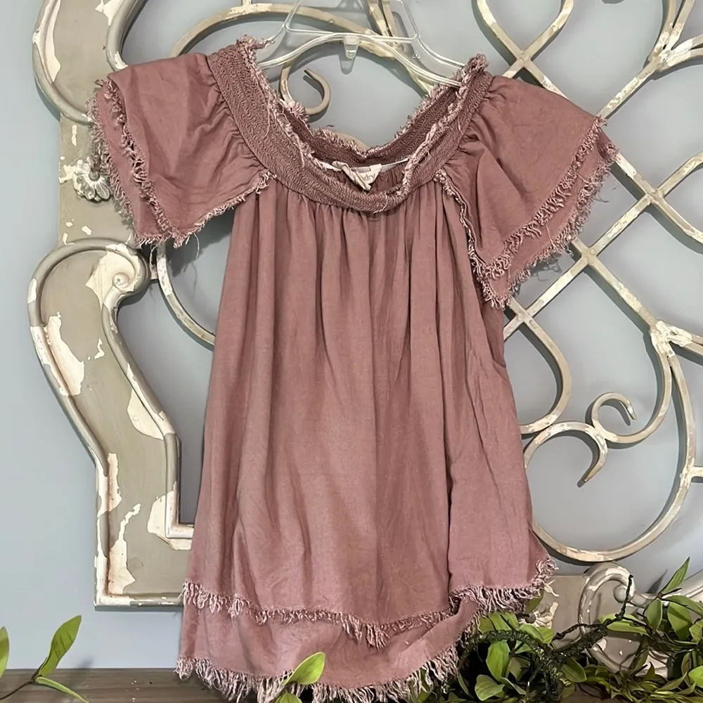 Hippie Laundry Mauve Peasant Boho Top M Women Crop Smocked Fringe Off Shouly - Image 2