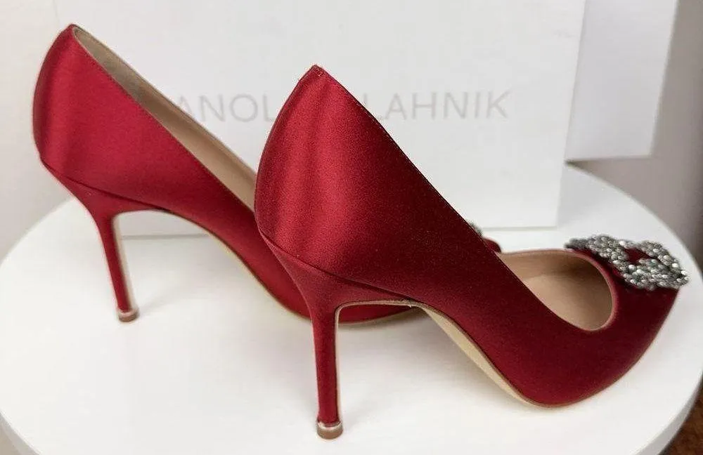 NIB Manolo Blahnik Wine Red 105mm Hangisi Satin Pumps Size 37.5 - Image 3