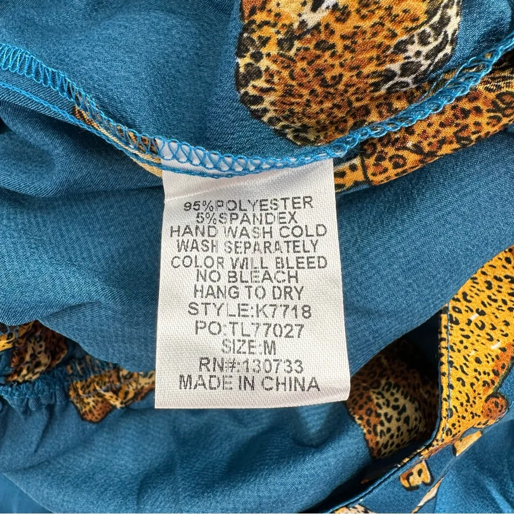 Umgee Teal Cheetah Print Satiny Smocked Waist Jumpsuit size Medium 3/4 Sleeves - Image 13