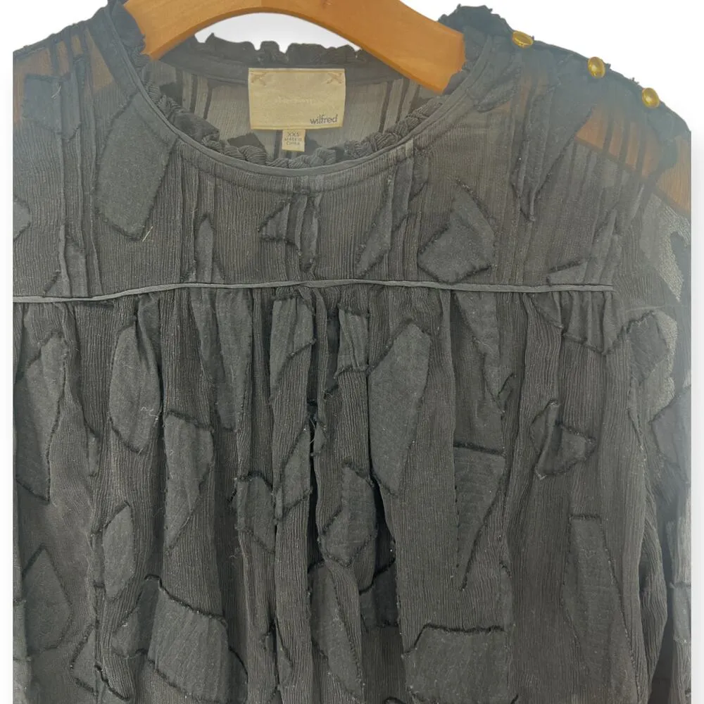 Aritzia Wilfred | XXS | Lourdes Jacquard Silk Blouse Top Sheer Ruffle Neck Black - Image 2