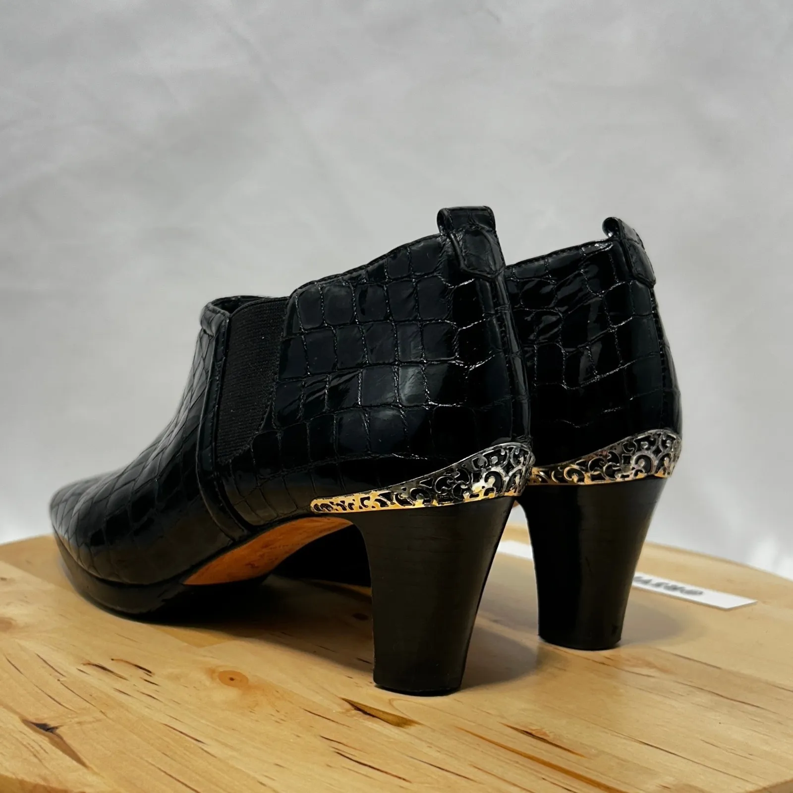 Brighton Trill Black Croc Embossed Leather Heeled Bootie - Size 7M‎ - Image 5