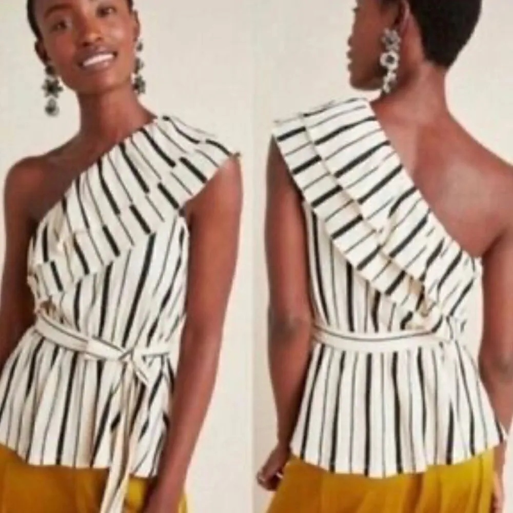 Anthropologie Cream and Black Striped Ruffle Blouse Women’s Small - Image 2