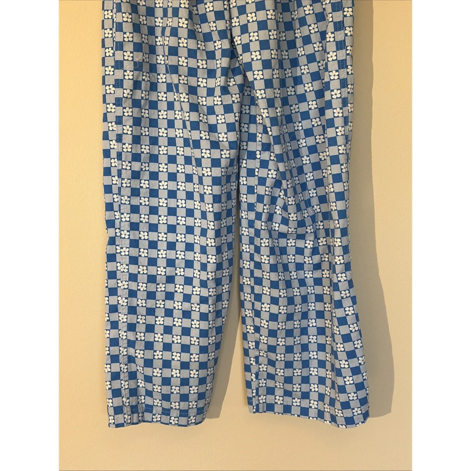 Wild Fable Blue Tropical Floral Checkerboard Boho Wide Leg Cotton Pants Women XS - Image 7