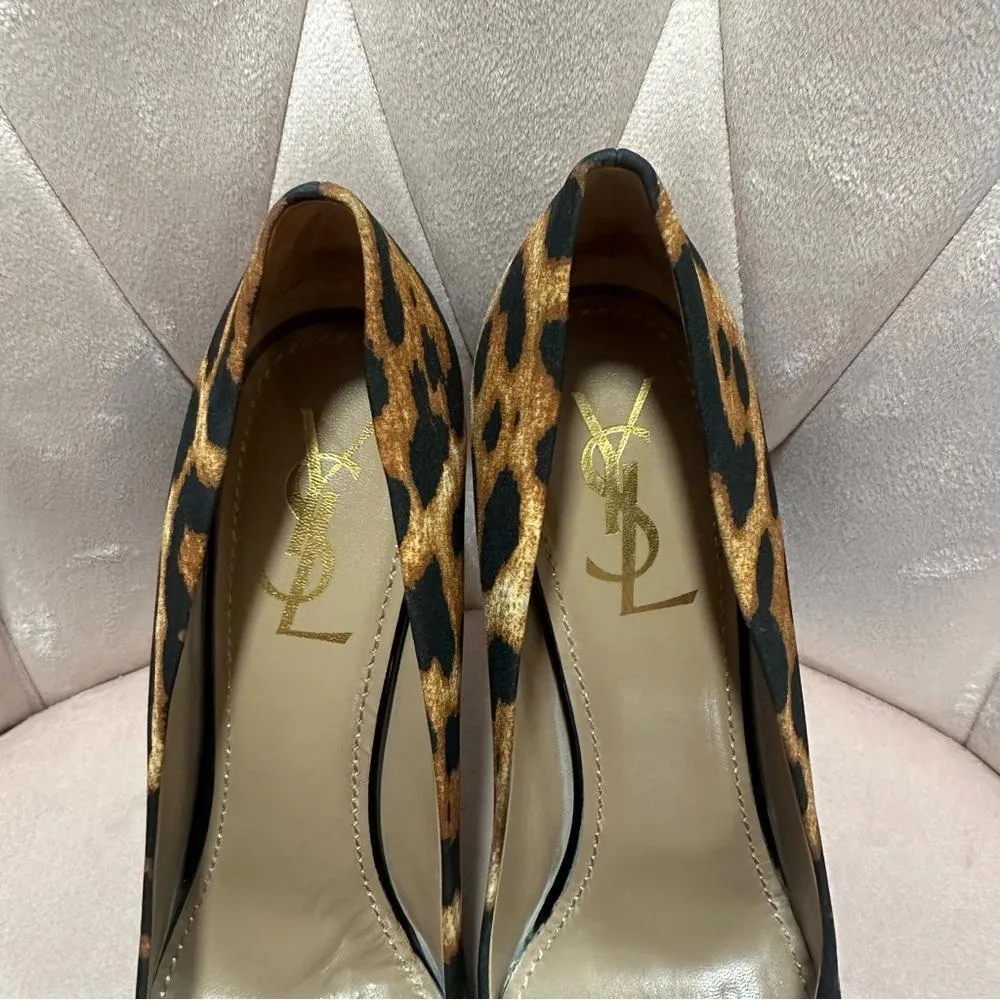 YSL Yves Saint Laurent Pumps Fabric Patent Heels Black Leopard Size 8.5 - Image 2