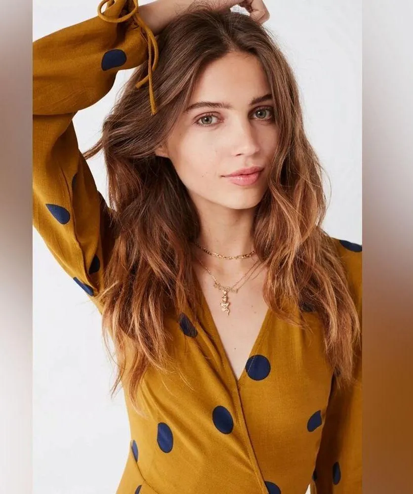 Urban Outfitters Audrey Wrap Midi Dress XS Long-Sleeve Yellow Polka Dot Woven - Image 6