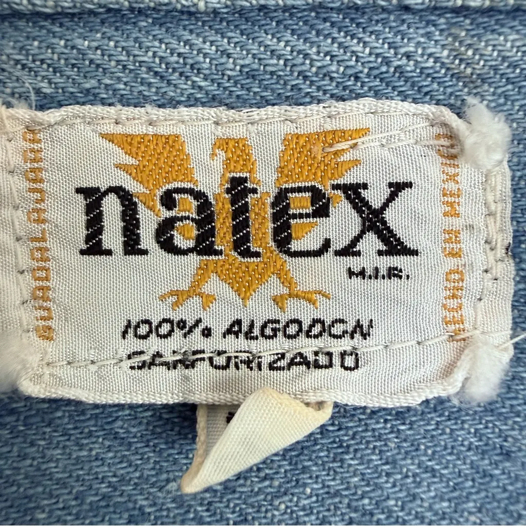 Vintage Natex Folkloric Mexican‎ Embroidered Denim Shirt Eyes Birds Mushrooms S Blue - Image 10