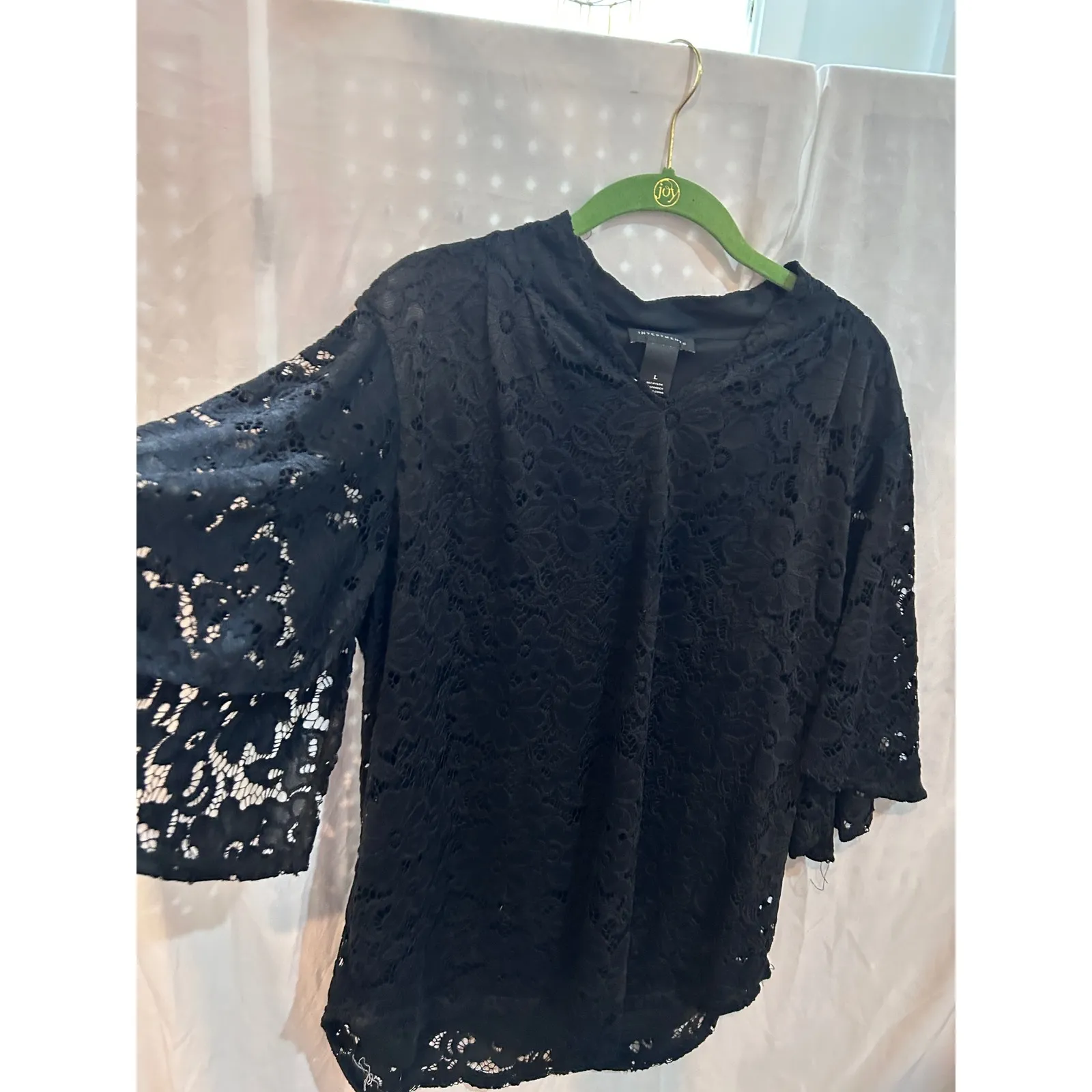 INVESTMENTS Black‎ Lace Bell Sleeve V Neck Blouse Top Women's Size L - Image 3